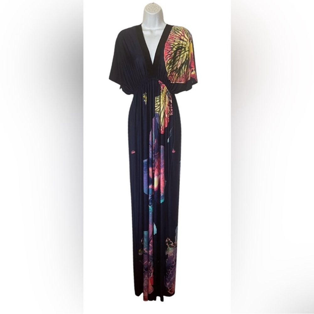 Navy Floral Maxi Dress Empire Waist Open Back Boho Resort S M